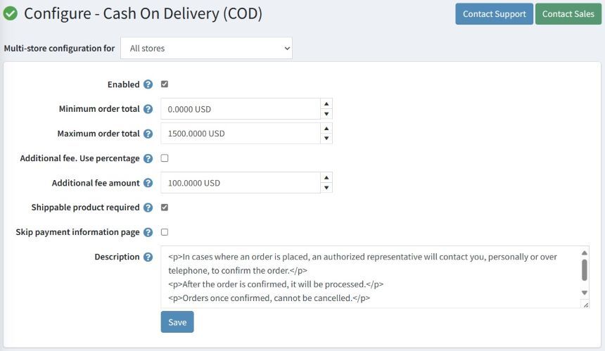 nopcommerce cash on delivery plugin configuration page